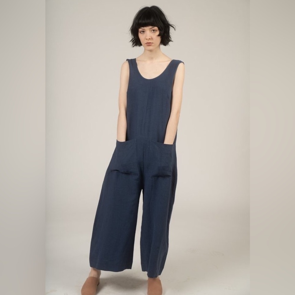 Ilana Kohn Milo Jumpsuit Linen Sleeveless Front Pockets Navy M